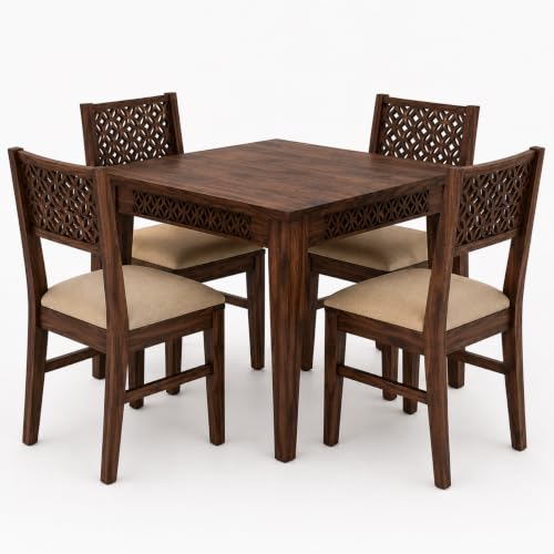 Image of Solid Sheesham Wood 4 Seater Dining Table Set for Home & Kitchen | Walnut Finish Wooden Dining Set with 4 Cushioned Chairs | Table Size 45 x 30 x 29 Inches | Chair Size 17 x 17 x 35 Inches