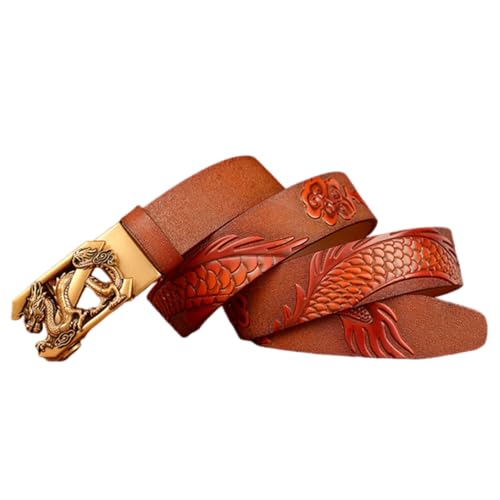 Light Brown Ratchet Belt With Engraved Dragon Gold Automatic Buckle - Handmade Dragon Pattern Leather Strap
