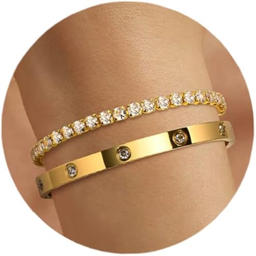 2PCS Gold Bracelets for Women, 18K Gold Plated Love Friendship Bangle Bracelet Set, Adjustment CZ Tennis Bracelet Stack Non Tarnish, Dainty Waterproof Jewelry Gifts for Valentines Day, Easter