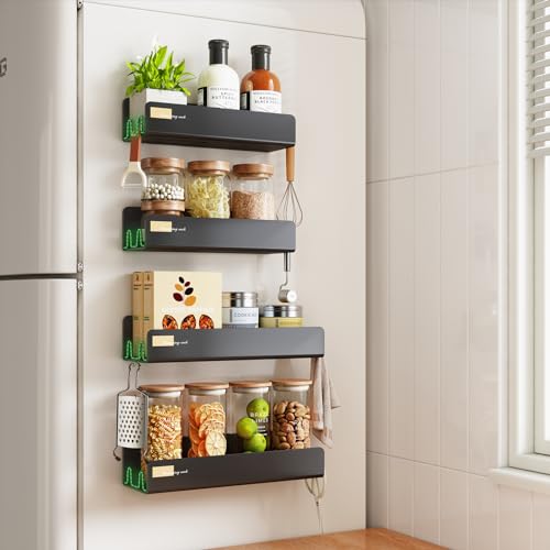 Kitstorack Magnetic Spice Rack, Strong Magnetic Spice Rack for Refrigerator 4 Pack with 16 Hooks Magnetic Shelf Fridge Spice Rack Organizer, Moveable Kitchen Organizer Magnet Shelves