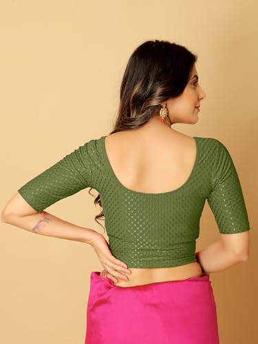Image of Amazon Brand - Anarva Round Neck Dobby Cotton Lycra Stretchable Elbow Half Sleeve Readymade Saree Blouse for Women Stylish