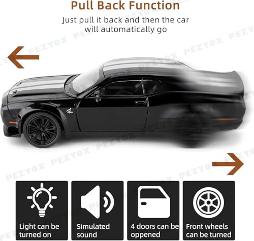 Image of 1:22 Dodge Challenger SRT Hellcat Die Cast Toy Car with Sound Light Pull Back Action Model Vehicle for Kids & Collectors Realistic Design Great Gift for Car Enthusiasts (Black)