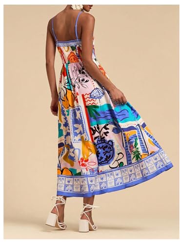 Image of WDIRARA Women's Boho Floral Sleeveless Ruffle Maxi Dress Tropical Graphic Tie Shoulder Smocked Cami Dresses