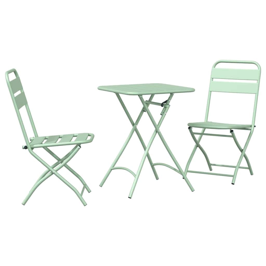 Set bistrot pieghevole in acciaio verde 3 pezzi con tavolo rettangolare e due sedie pieghevoli, design moderno per giardino, terrazza o balcone, compatto e facile da pulire.