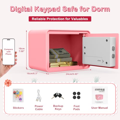 Kids Mini Safe Small Cash Box – GoldenKey Pink Macaron 7”x9.4”x6.3” Money Security Safe with Coin & Bill Slot, Keypad & Key Lock, USB Backup, DIY Stickers, Piggy Bank for Home by GOLDENKEY - Image 6