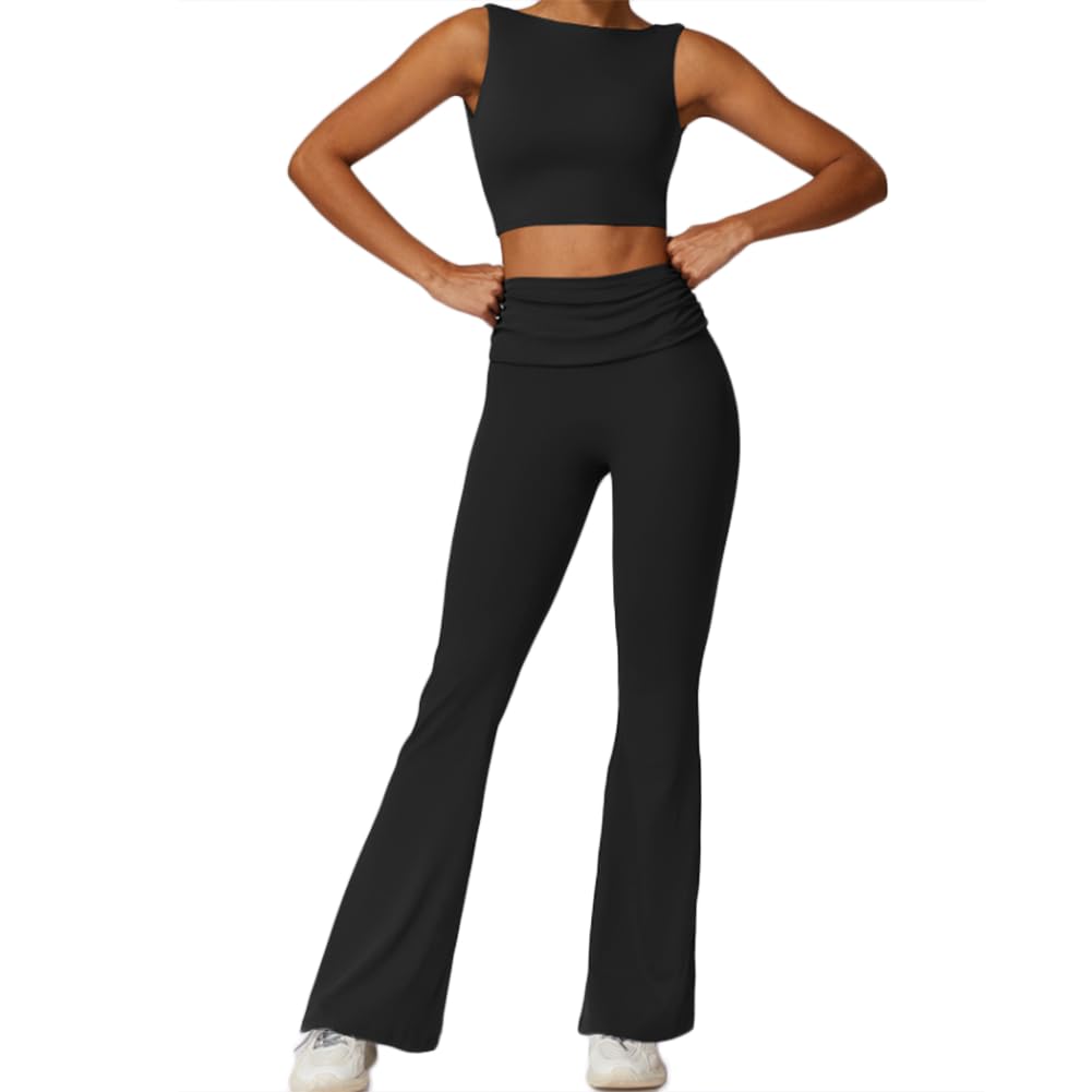JPXJGT 2 Piece Activewear Yoga Clothes Control Quick Dry Gym Flare Pants and Bra Set(Size:L,Color:Black)