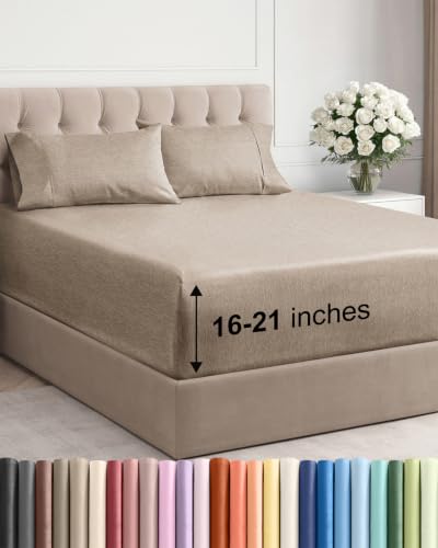 Image of Extra Deep Cal King Sheet Set - Breathable & Cooling - Heathered Beige