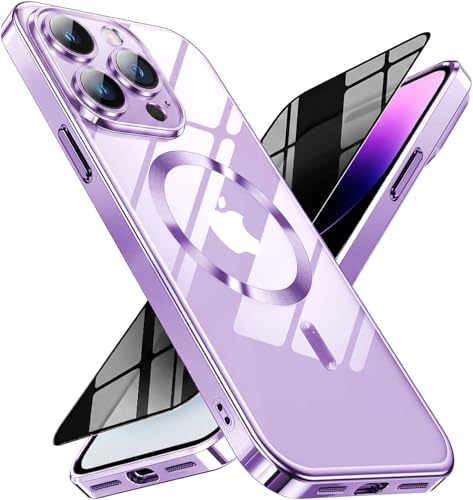 Image of Magnetic for iPhone 14 Pro Max Case with Privacy Screen Protector & Full Camera Cover,[Non-Yellowing] Plating Glossy Soft Shockproof Clear Phone Case with MagSafe Women Girls for 14 ProMax, Purple