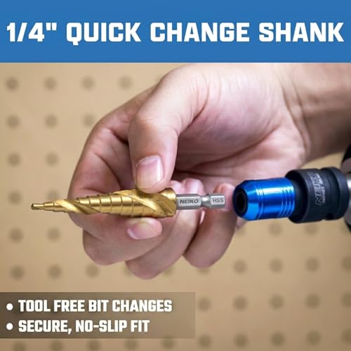 Image of NEIKO 10608A Step Drill Bit, 9 Steps 1 /4 inch to 3 /4 inch Spiral High Speed Steel, Titanium Nitride Coated, 1 /4 inch Quick Change Step Bits for Steel, Metal, Wood, Plastic, Unibit Cone Drill Bits, Two Flute