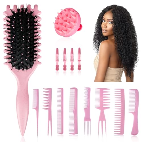 Curl Defining Brush Combo Set Styling Tools for All Hair Types, Includes Scalp Massager, 8-Piece Set, 4 Styling Clips