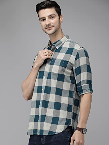 Image of THE BEAR HOUSE Men's Cotton Teal Blue Pure Cotton Checked Slim Fit Flannel Shirt | 3XL |TBH-JUUL-TL-3XL |