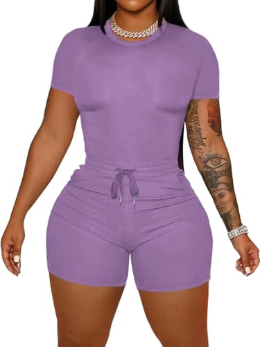 HBQ Women's 2 Piece Outfits Summer Sweatsuits Track Suits Crop Tops Biker Short Workout Jogger Sets Purple M