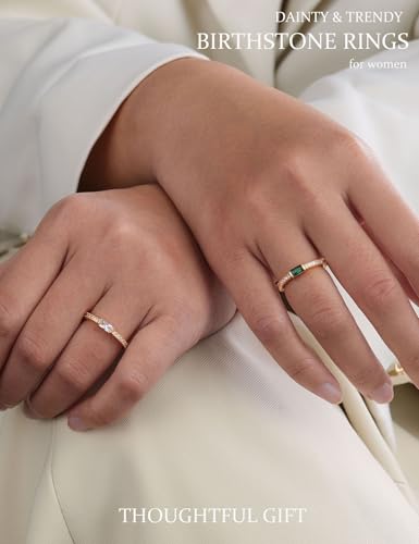 RLMOON Birthstone Gold Rings for Women Non Tarnish 14K Gold Plated Eternity Stacking Ring Dainty CZ Gemstone Engagement Rings Wedding Band Jewelry Gifts Size 6-103