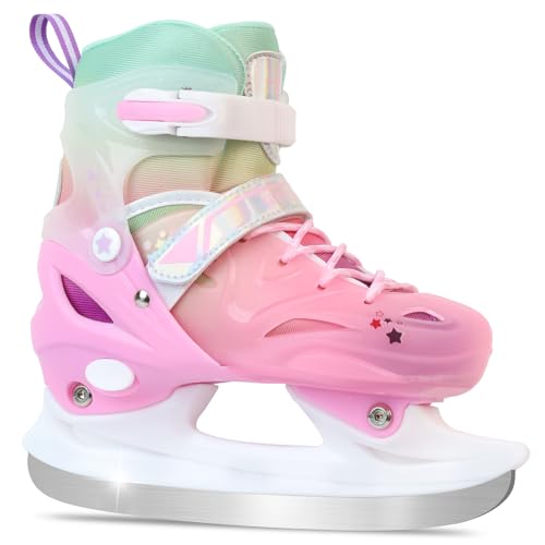 LEVYTEMP Adjustable Girls Ice Skates for Kids - Ice Skating Shoes - Hockey Lace-Up Skates for Youth Beginners,Pink Blue Green