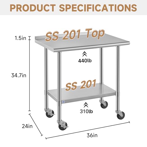 Image of ROCKPOINT All Stainless Steel Prep Table with Caster & Backsplash 24x36 Inch,Commercial Heavy Duty Workbench with Stainless Legs & Adjustable Undershelf,750 lb Capacity for Outdoor Kitchens with Wheel
