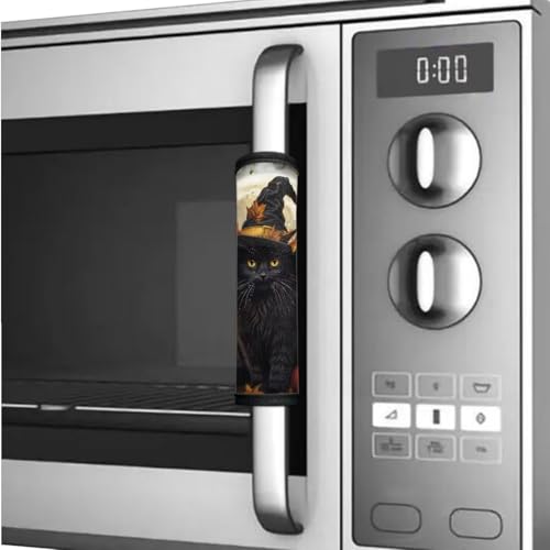 Image of 6 Pcs Fridge Microwave Door Handle Covers Universal Kitchen Appliance Protective Gloves Water-Resistant Keep Handles Clean, Wizard Hat Black Cat Crow Maple Moon Pumpkin