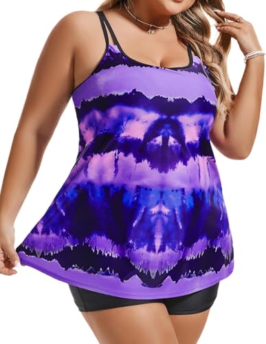 Hanna Nikole Damen Zweiteiliger Tankini Bauchweg Badeanzug A-Linie Badeoberteile für Mollige Lila Tie Dye 46 4