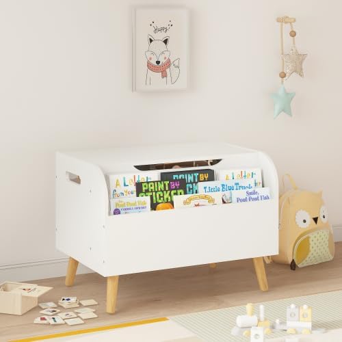 Storage Bookcase Organizer with Front Bookshelf and 4 Solid Wood Footstools, Cute Bookshelf Cabinet Storage Bookcase for Playroom Boys Girls Room, White (White + Solid Wood+MD)