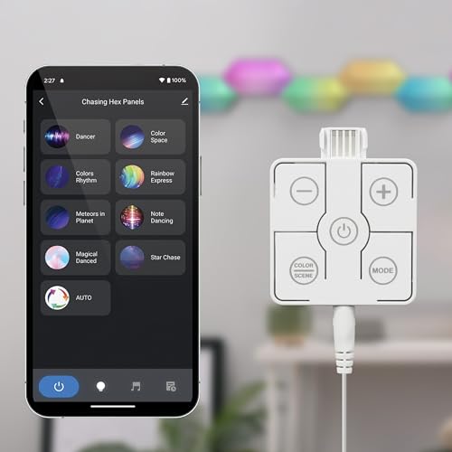 Image of Feit Electric Smart LED Hexagon Tile Lights, 7 inch Ea, Linkable, RGBW Color Chasing, 2.4GHZ WiFi Enabled, Compatible with Alexa and Google Home Asst, Music Sync, Remote App, 6 Pack - HEX /CHASE /AG /6KIT