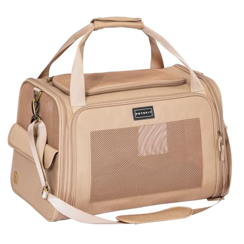 Petsfit Trasportino per gatti con cuscino espandibile, trasportino per cani in tessuto Oxford di alta qualità, leggero con tracolla, Cachi