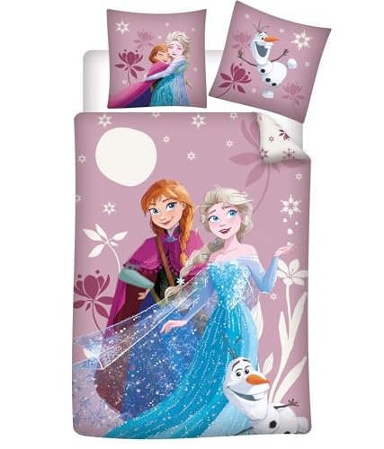 La Reine des Neiges - Juego de funda nórdica de 135 x 200 cm y funda de almohada de 80 x 80 cm, diseño Anna, Elsa & Olaf, 52 % algodón, 48 % poliéster, certificado Oeko-TEX – rosa