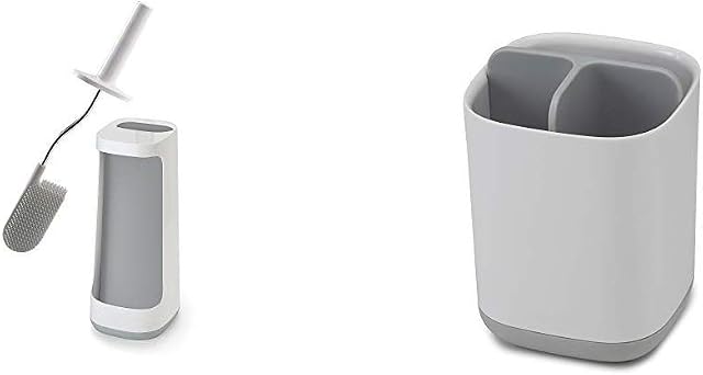 Joseph Joseph Flex Store Smart Hygienic Silicone Toilet Brush with Storage- White/Grey, Large & 70509 Bathroom Easy-Store Toothbrush Caddy- White/Grey, Small