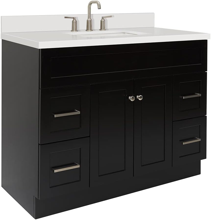 ARIEL Hamlet 42-inch Bathroom Vanity with Sink,Solid Wood, 1.5-inch Pure White Quartz Countertop & Backsplash, Single Rectangular Porcelain Sink, 2 Soft Closing Doors, 4 Dovetail Drawers, Black