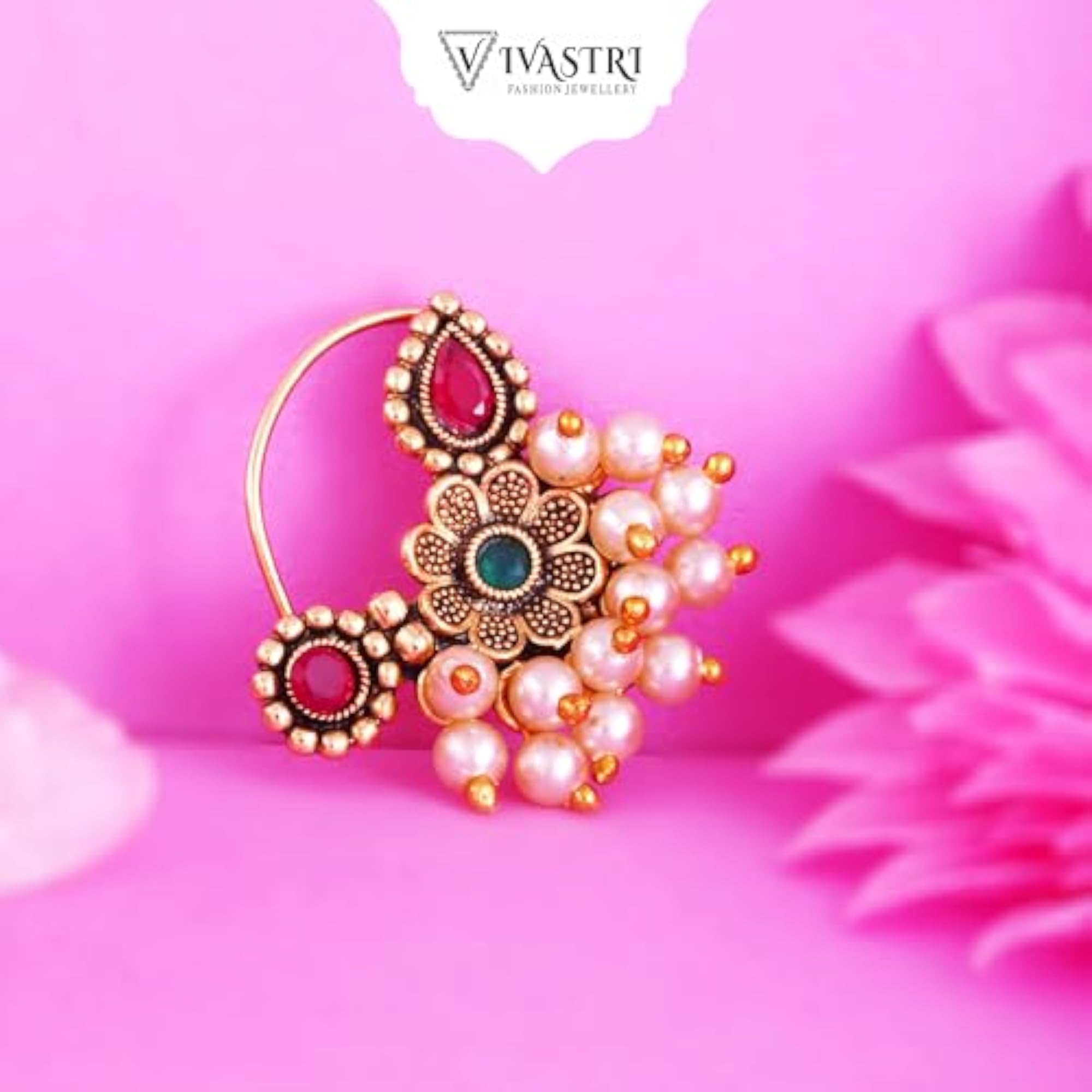 Women's Premium Semi-Circled Multi-Coloured Pearl Beaded Nath
