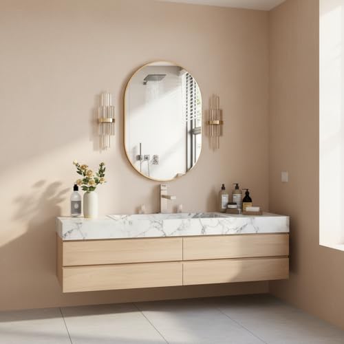 Image of Asymmetric Oval Wall Mirror with Durable Wooden Frame - 24 inchx16 inch (Golden) | Modern Decorative Wall Hanging Mirror for Bathroom, Basin, Living Room, Hostel Room & Dressing Table.