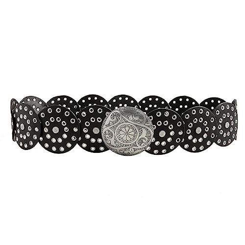 Wide Disc Belt for Women Hollow Leather Round Waist Belt With Metal Vintage Western Belt