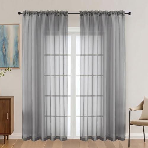 Image of OVZME Charcoal Grey Sheer Curtains 84 Inches Long 2 Panels Set, Light Filtering Sheer Curtains for Living Room Bedroom 59 Inch Extra Wide, Modern Voile Filmy Rod Pocket Window Drapes, 59Wx84L Inches