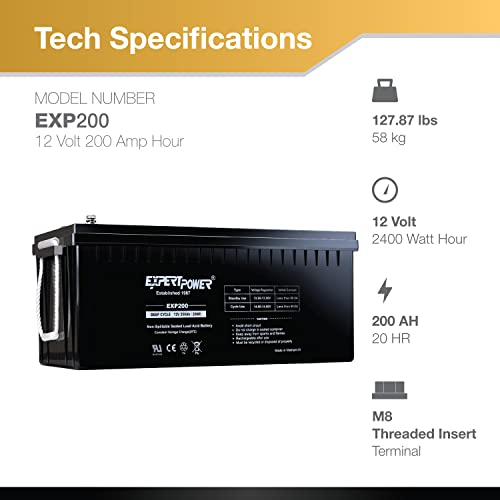 ExpertPower EXP200 12V 200Ah Deep Cycle Solar Battery, 12 Volt Marine AGM Battery for Solar Panel System, Sump Pump, RV, Camper, Travel Trailer, Sealed Lead Acid AGM Marine Batteries