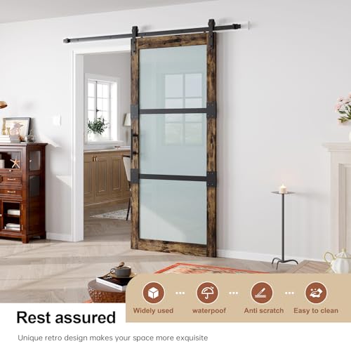 Fredbeck 36x84 Frosted Glass Barn Doors Aluminum Frame and 6.6ft Hardware Kit Included, Waterproof PVC Coating,Pre-Drilled Ready to Assemble,Brown, 3-Panels,Modern Interior Sliding Doors with Glass