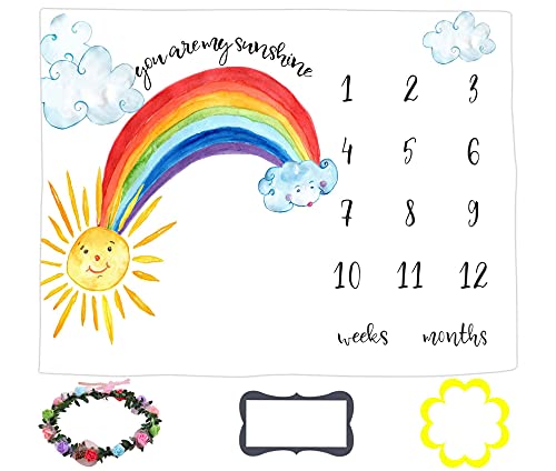 Image of LYLYCTY Sunshine Baby Monthly Milestone Blanket for Baby Boy and Girl, Rainbow Month Blanket for Baby Pictures Personalized, Includes Wreath and Frame Large 60"x40" BTDSLY42