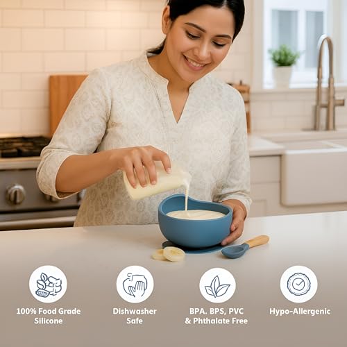 Image of Baby Feeding Bowl & Spoon Set | Silicone Suction Bowl for Baby Food | BPA-Free Baby Bowl and Spoon Set | (Nevy Blue)