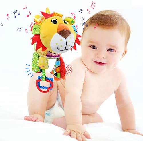 JERICETOY Baby Toy Plush Infant Toy with Musical Box Baby Carseat Toy Stroller Hanging Toy Development Toy with Rattles Crinkle Teether Magic Mirror, Stroller Clip-On Carseat Cot Crib Bed - Lion