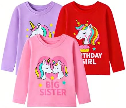 HILEELANG Toddler Girl Long Sleeve Graphic Tees, 100% Cotton, 3-P...