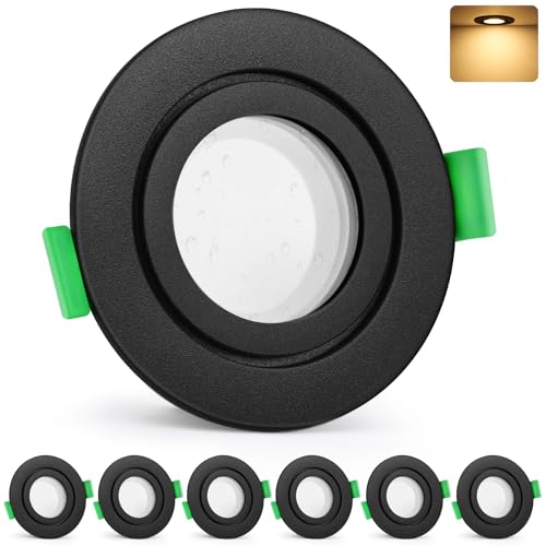 GeyouLux LED Einbaustrahler 230V IP65, 5W 600LM LED Spots, 2700K Warmweiß Deckenspots für Badezimmer Küche Wohnzimmer Einbauspots 65-75mm Flach Einbauleuchten Schwarz 6er set