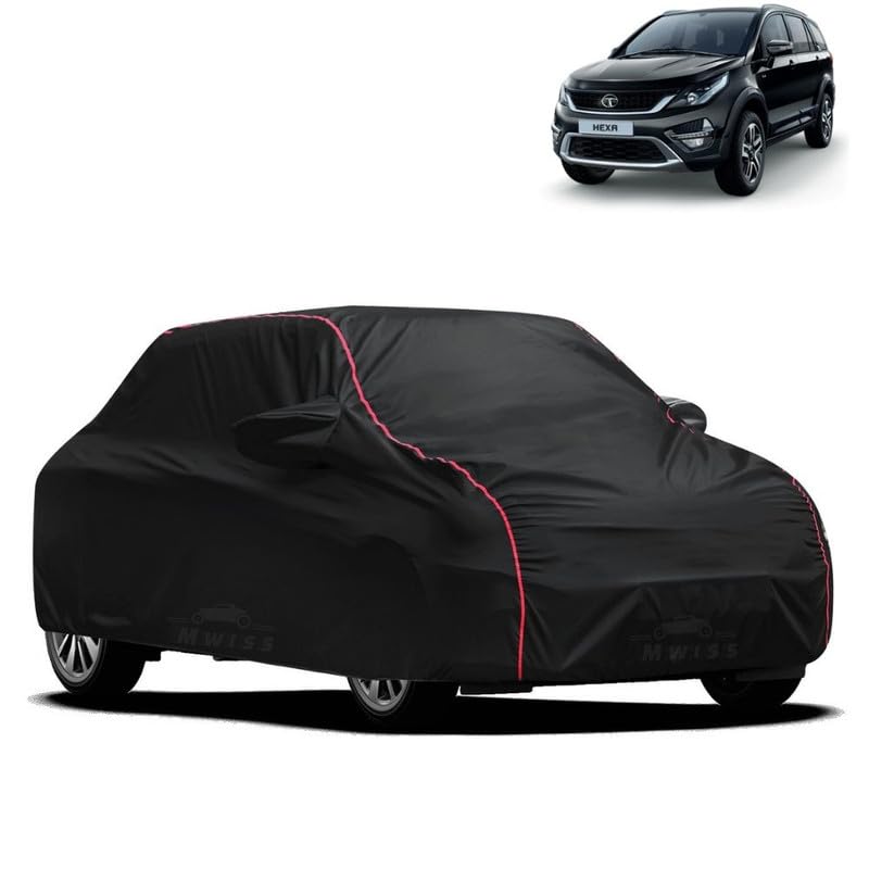 Image of Waterproof Car Cover for Tata Hexa | All-Weather Protection, Dustproof & UV Resistant | Triple Stitched Mirror Pockets, Windproof Buckle Strap with Elastic Hem, Black-Red Piping