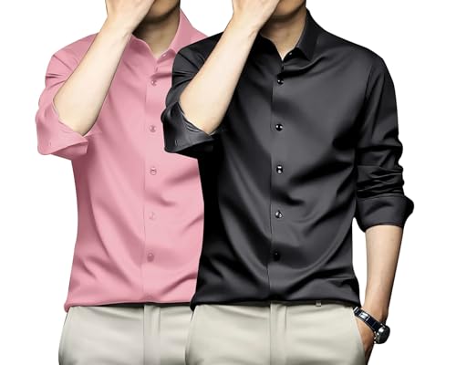 Image of DEELMO Combo of Men's Stylish Solid Satin Casual Shirt for Men Full Sleeves| Poly Satin Silk Shirt Pack of 2