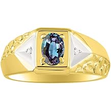 Rylos Mens Yellow Gold Plated Silver Classic Designer Ring - 7X5MM Oval Gemstone & Sparkling Diamond - Birthstone Rings for Men - Available in Sizes 8 to 14