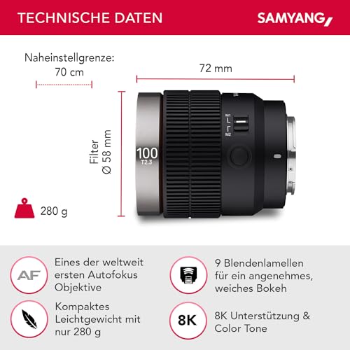 Image of Samyang V-Af 100 Mm T2.3 Fe for Sony E, Video Lens, Auto Focus Lens, Cine Lens 8K Support, Custom Switch and Button - Black