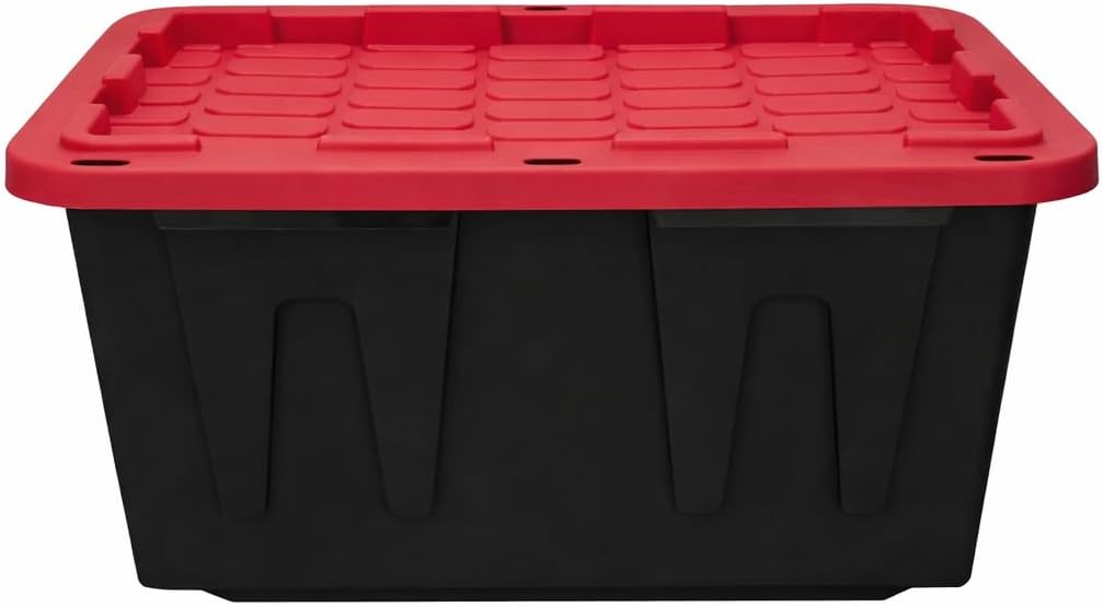 27 Gallon Large Storage Bin with Snap Lid, Heavy Duty Plastic Storage Container, Black and Red, 4 Pack