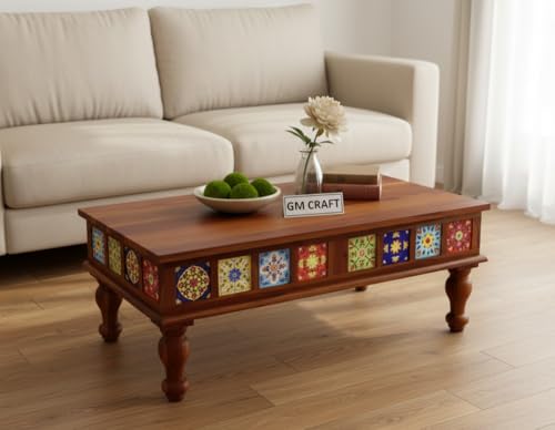 Image of Sheeshsam Wooden Center Coffee Table - Solid Wooden Coffee Table for Living Room - Tea Table Teapoy Center Piece for Home Sofa Center Table for Living Room (Honey, Jesse)