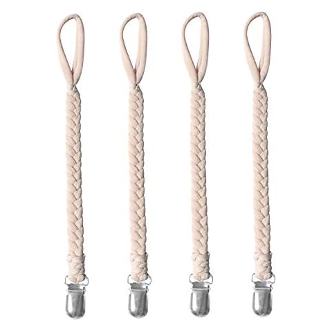 CULASIGN Pack of 4 Dummy Chain Cotton Dummy Chain Clips for Newborn Girls and Boys (Beige) Cover
