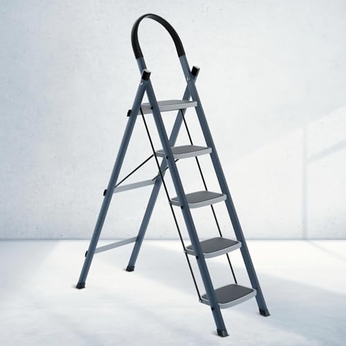 LAPO Steel Foldable Ladder for Home – 5 Step Ladder with Anti-Slip Wide Steps, Secure Hand Grip & Rubber Shoes – Heavy-Duty Durable Design (Grey)