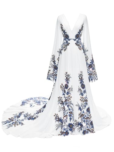 SZJMS Blue Embroidery Wedding Dresses for Bride Long Cape Sleeve