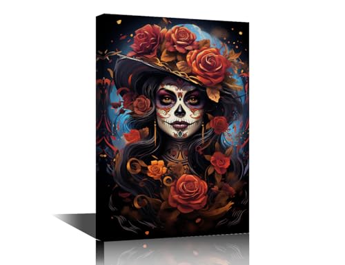 Peinture sur toile crâne en sucre d'art contemporain et fleurs de décoration 61x91cm