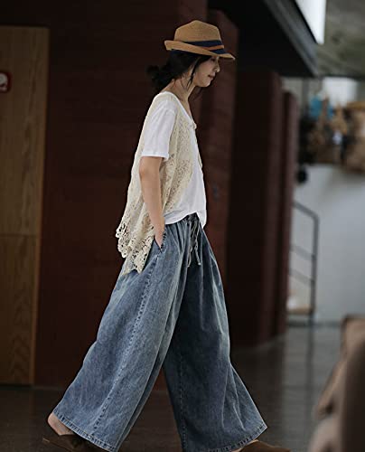 Extra Wide Leg Denim Pants for Women Long Jeans Elastic Waist with Pockets Plus Size Loose Casual2