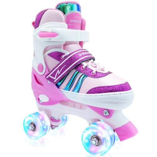 SMOOJOY Roller Skates for Girls Kids Boys,4 Size Adjustable Indoor Outdoor Rose Red Quad Rollerskates with Light up Wheels for Beginners Ages 6-12